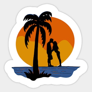 Romantic Sunset. A Couple Embracing the Setting Sun.sunset, romantic, couple, embracing, setting sun Sticker